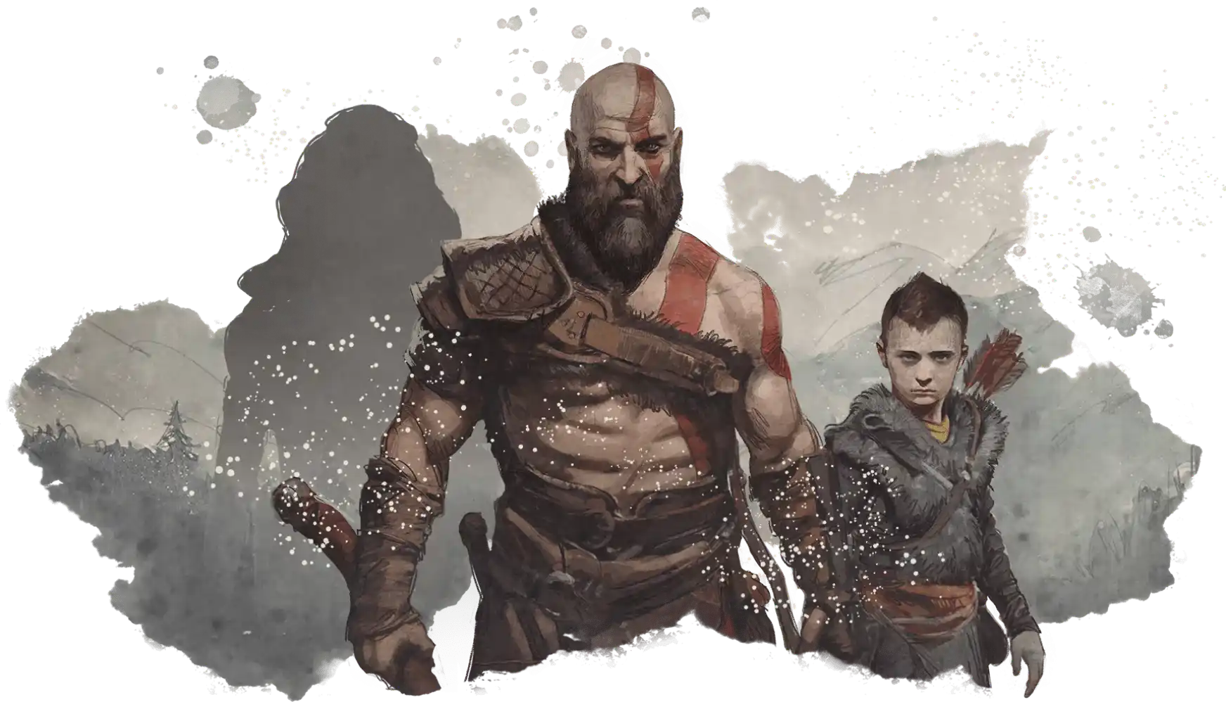 Kratos y Atreus mirando frente al espectador en posición de batalla
