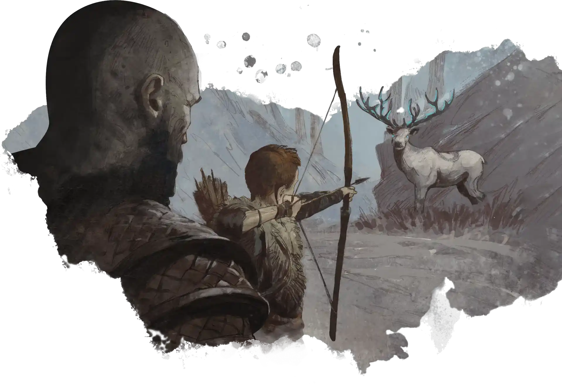 Atreus aprendiendo a cazar, Kratos vigilando desde atrás