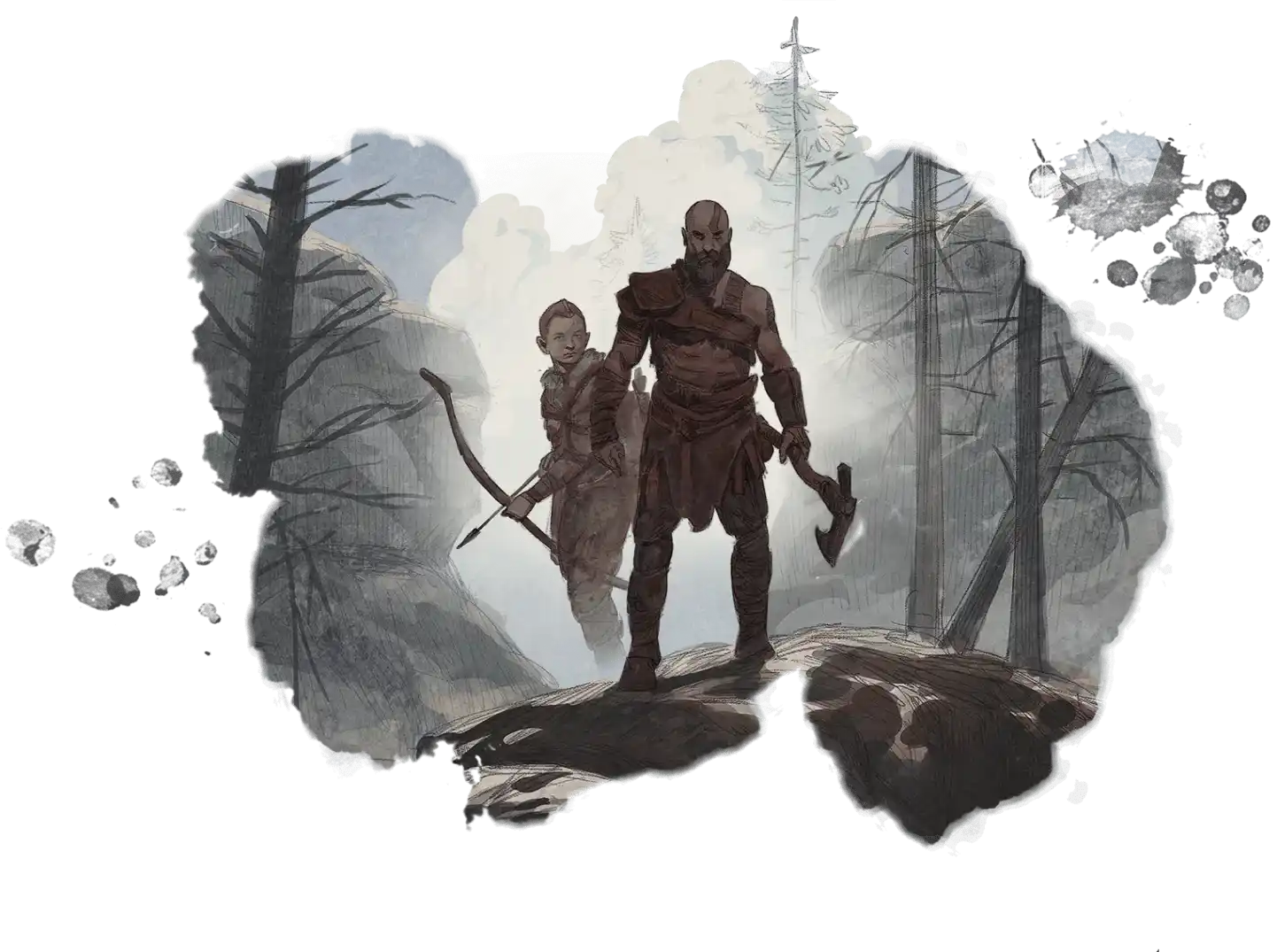 Kratos con un hacha y Atreus con una flecha, aventurando por la tierra