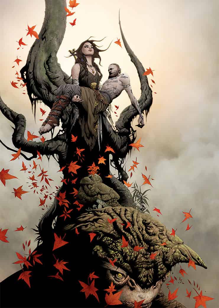 Freya y Baldur juntos en medio de un gran árbol.